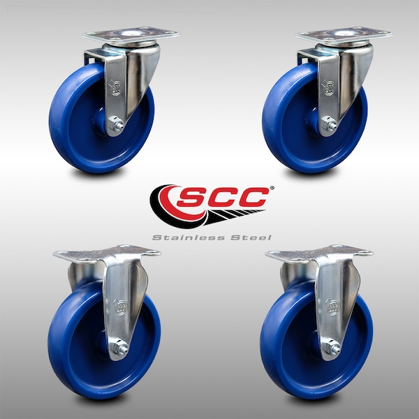 5 Inch SS Solid Polyurethane Swivel Top Plate Caster Set with 2 Rigid SCC